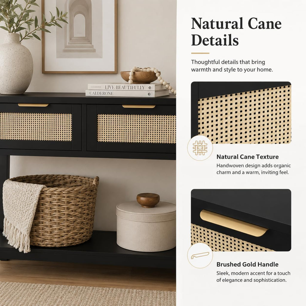 Luoxiao Rattan Console Table 3-Drawer 47" Narrow Black Entryway Sofa Table | Trendy Boho Hallway Foyer Storage, Open Shelf, Sturdy Wooden Entry Table for Living Room, Couch, Easy Assembly, Anti-Tip