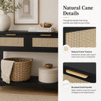 Luoxiao Rattan Console Table 3-Drawer 47" Narrow Black Entryway Sofa Table | Trendy Boho Hallway Foyer Storage, Open Shelf, Sturdy Wooden Entry Table for Living Room, Couch, Easy Assembly, Anti-Tip