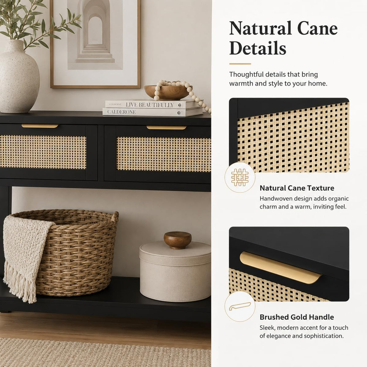 Luoxiao Rattan Console Table 3-Drawer 47" Narrow Black Entryway Sofa Table | Trendy Boho Hallway Foyer Storage, Open Shelf, Sturdy Wooden Entry Table for Living Room, Couch, Easy Assembly, Anti-Tip