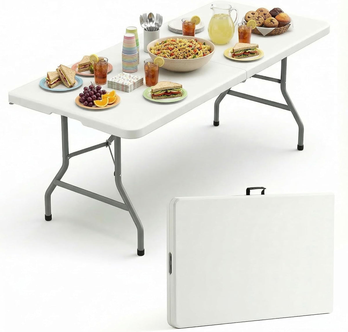6 Foot Plastic Foldable Table with Built in Handle & Steel Legs, 6 FT Portable Heavy Duty Plastic Folding Tables for Parties, Dining, Wedding, Events, Picnic, Indoor & Outdoor, Camping, Utility
