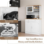 LOKO 68” Tall Kitchen Pantry Cabinet, Wood Sideboard Cupboard with Microwave Countertop, Sliding Glass Door, Freestanding Buffet Hutch with Trash Can Storage, for Home Coffee Bar, White & Natural