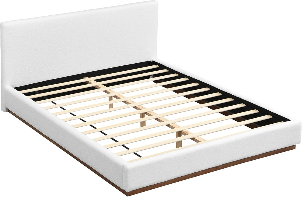 Christopher Knight Home Bettine Modern Boucle Queen Size Bed Frame with Headboard, Solid Wood Queen Bed Frame, Slat Panel Support Platform Bed, No Spring Box Needed, Heavy Duty, White+Brown