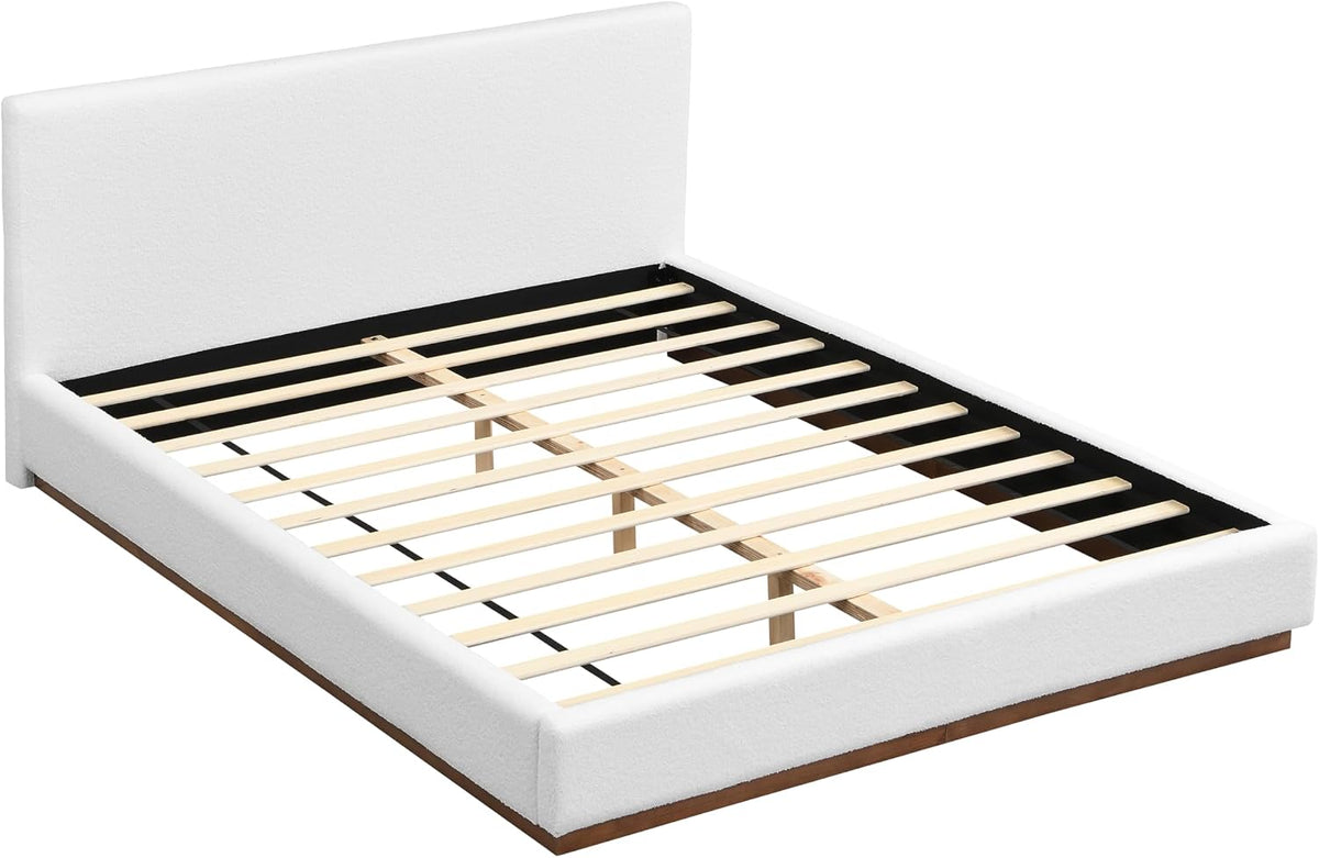 Christopher Knight Home Bettine Modern Boucle Queen Size Bed Frame with Headboard, Solid Wood Queen Bed Frame, Slat Panel Support Platform Bed, No Spring Box Needed, Heavy Duty, White+Brown