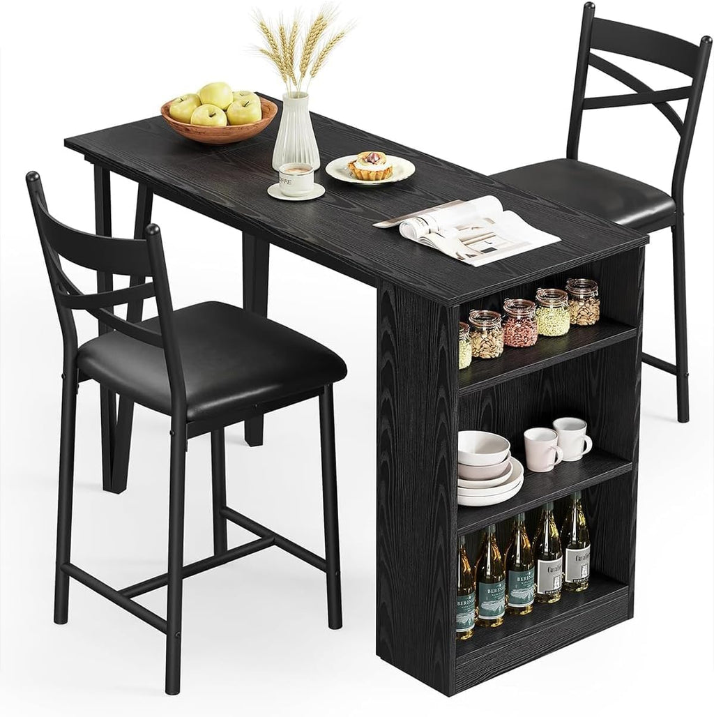 GAOMON 3 Piece Bar Table Set for 2, Bar Table and Chairs Set with with Flip Top Extension, Dining Table Set with Storage Shelves, Suitable for Small Space Kitchen Apartment, Black