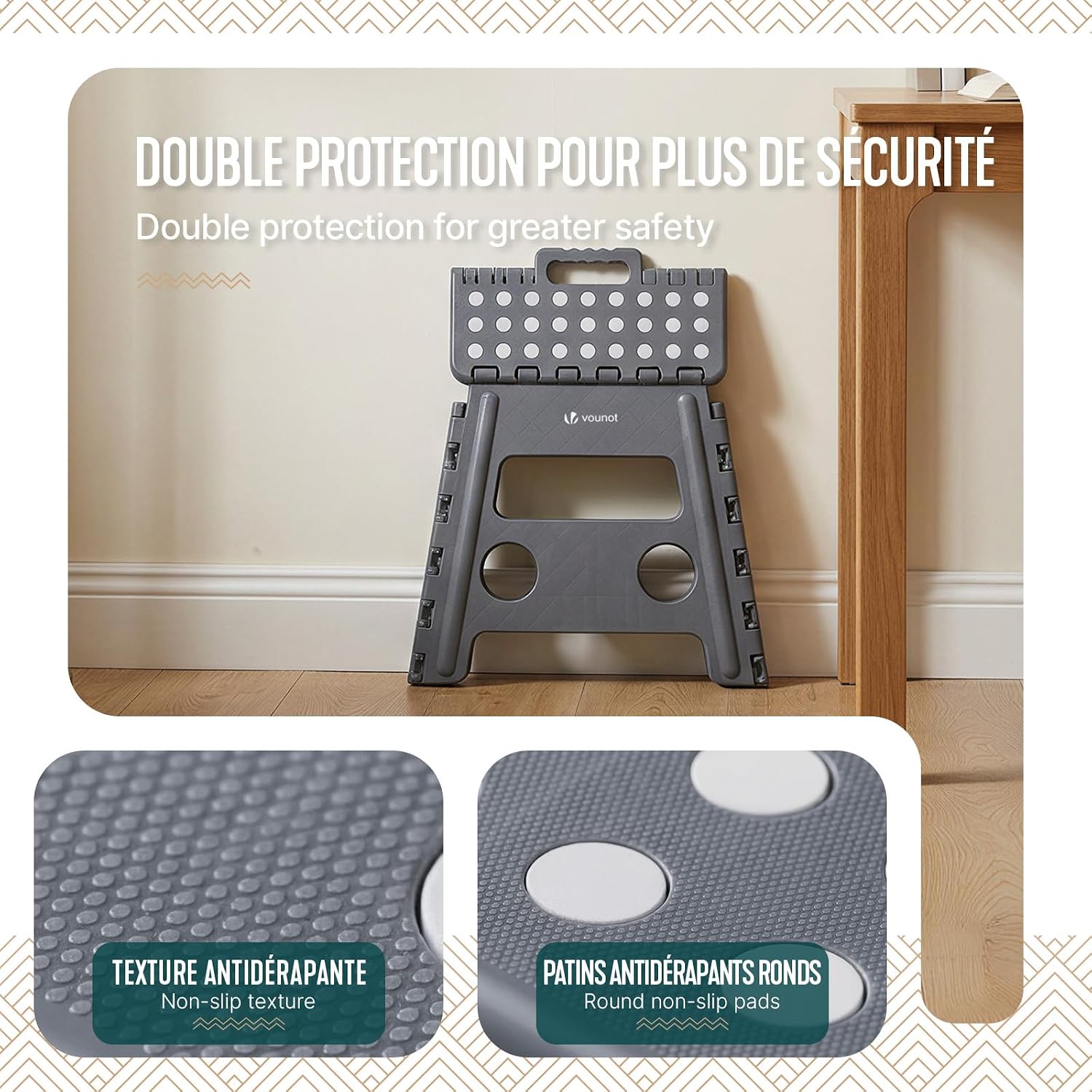 VOUNOT® Folding Step Stool, Portable Stepping Stool with Carrying Handle, Anti-Slip Folding Stool for Bathroom, Garden, Camping, Home, 37 x 30 x 32.5 cm, Grey