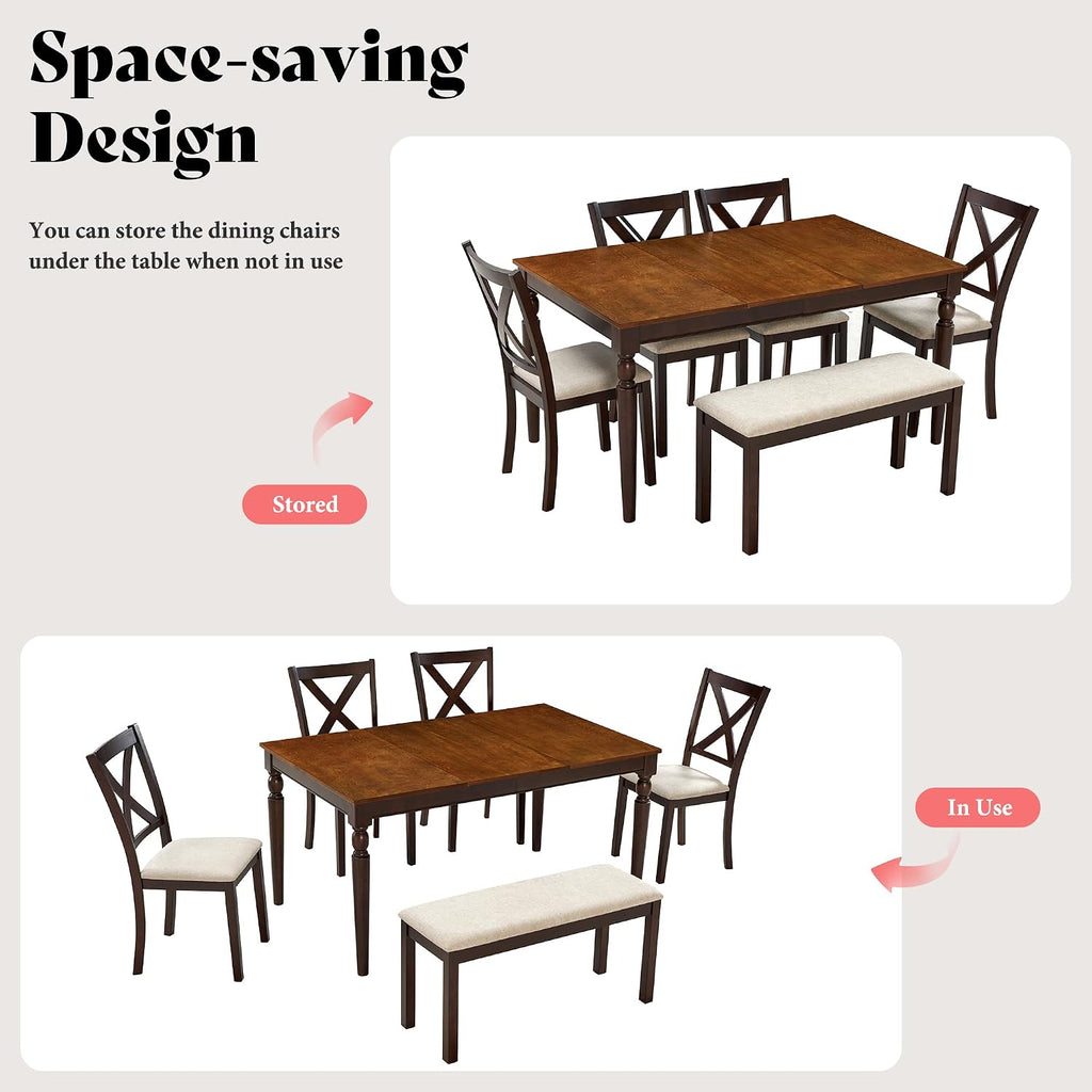 AMERLIFE 6-Piece Farmhouse Dining Table Set for 6-7, 60" Solid Wood Kitchen Table and Chairs, 1 Dining Table, 4 Upholstered Chairs and 1 Bench, Rustic Dining Room Set, Brown