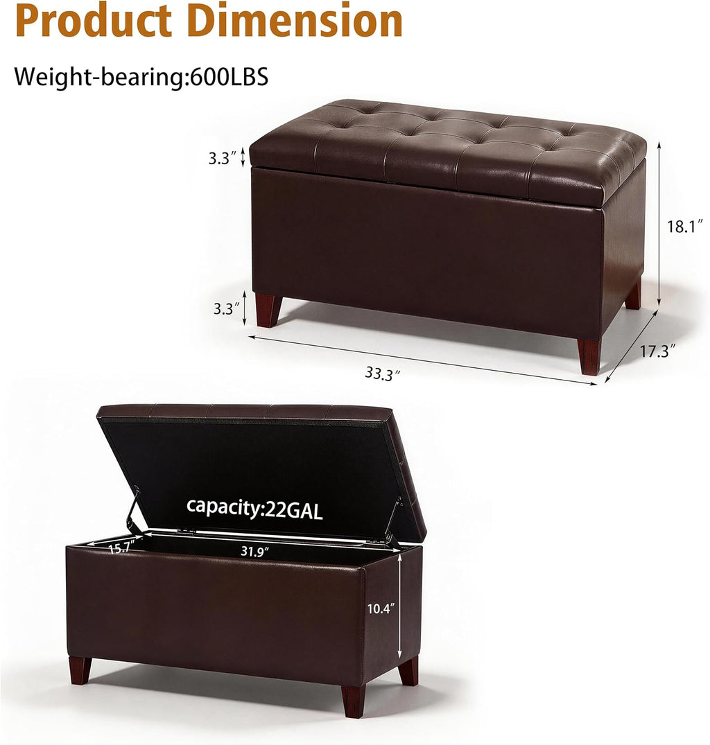 Joveco Storage Ottoman Bench, 33 Inches Faux Leather Rectangle Tufted Foot Stool for End Foot of Bed, Bedroom, Living Room, Brown