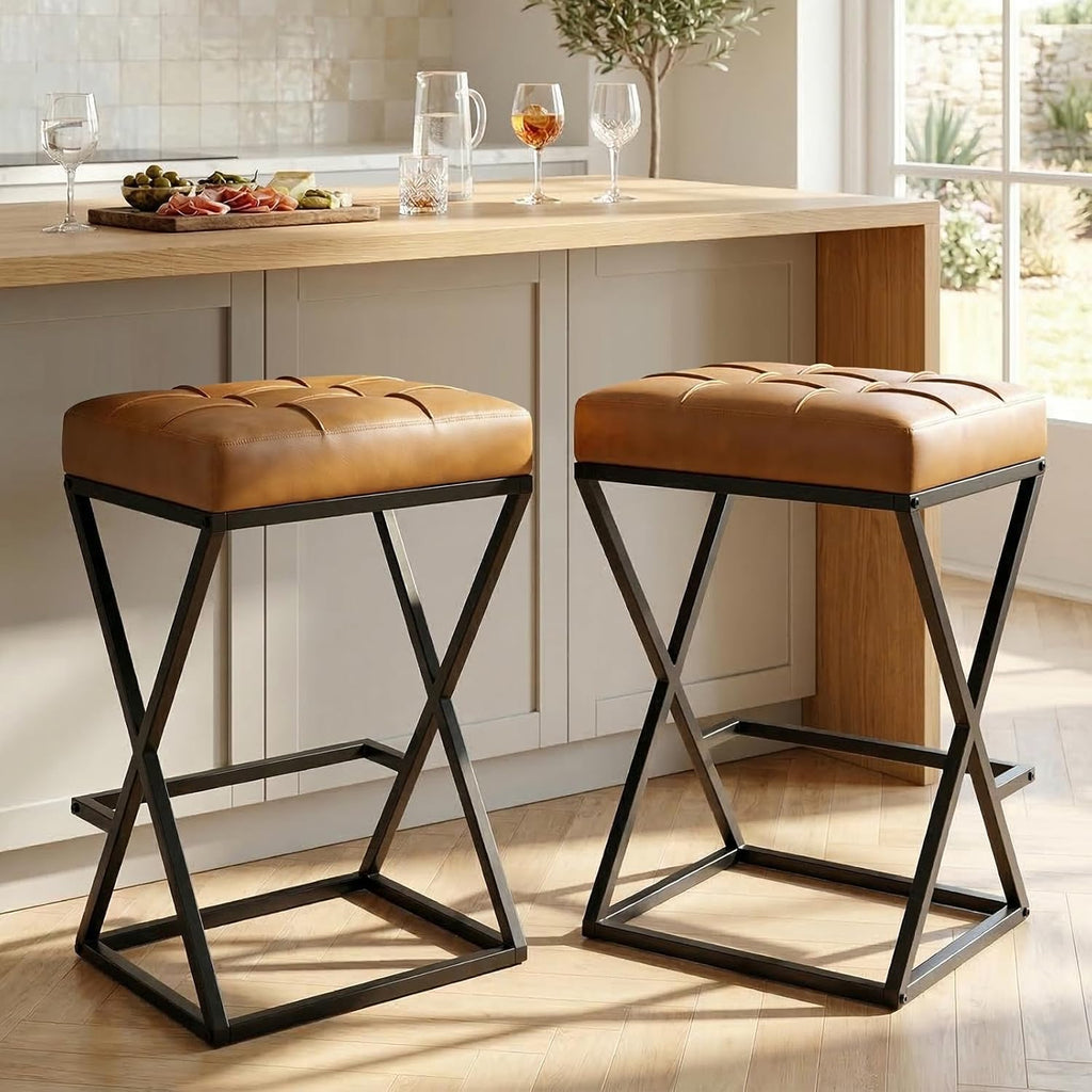 Bar Stools Set of 2, 26 Inch Counter Height Stool Faux Leather Brown | Backless Counter Stools with X-Frame Metal Legs, 3.3" Upholstered Seat, Mid-Century Modern, for Kitchen Island, Home Bar