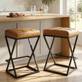 Bar Stools Set of 2, 26 Inch Counter Height Stool Faux Leather Brown | Backless Counter Stools with X-Frame Metal Legs, 3.3" Upholstered Seat, Mid-Century Modern, for Kitchen Island, Home Bar