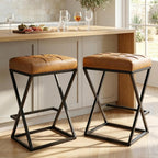 Bar Stools Set of 2, 26 Inch Counter Height Stool Faux Leather Brown | Backless Counter Stools with X-Frame Metal Legs, 3.3" Upholstered Seat, Mid-Century Modern, for Kitchen Island, Home Bar