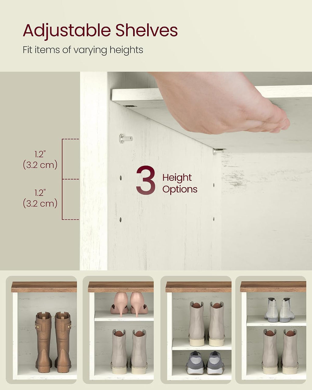VASAGLE Shoe Bench, Storage Bench, 11.6 x 39.4 x 19.7 Inches | 6 Compartments, Adjustable Shelves, for Living Room, Entryway, Rustic White and Honey Brown, ISLAND Collection ULSB036W02