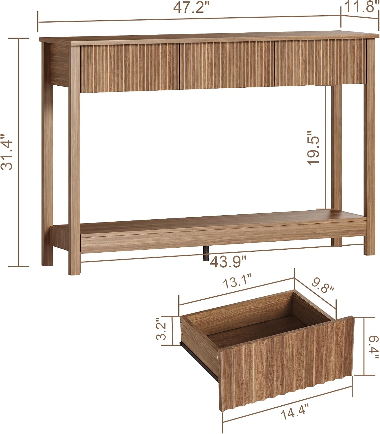 Treocho 47" Fluted Console Table with 3 Drawers and Storage Shelf | Narrow Long Entryway Table,Behind Couch Accent Tables, Entrance Foyer, Hallway, Living Room, Brown