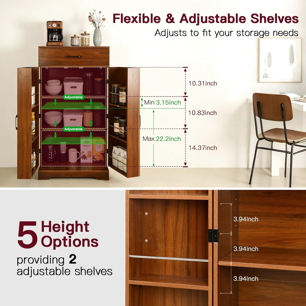CypherX 47" Farmhouse Brown Kitchen Pantry Storage Cabinet for Dining Room | Rustic sideboard buffet cupboard; doors with shelves & smooth drawer; 47" tall pantry; 5-level adjustable storage shelves