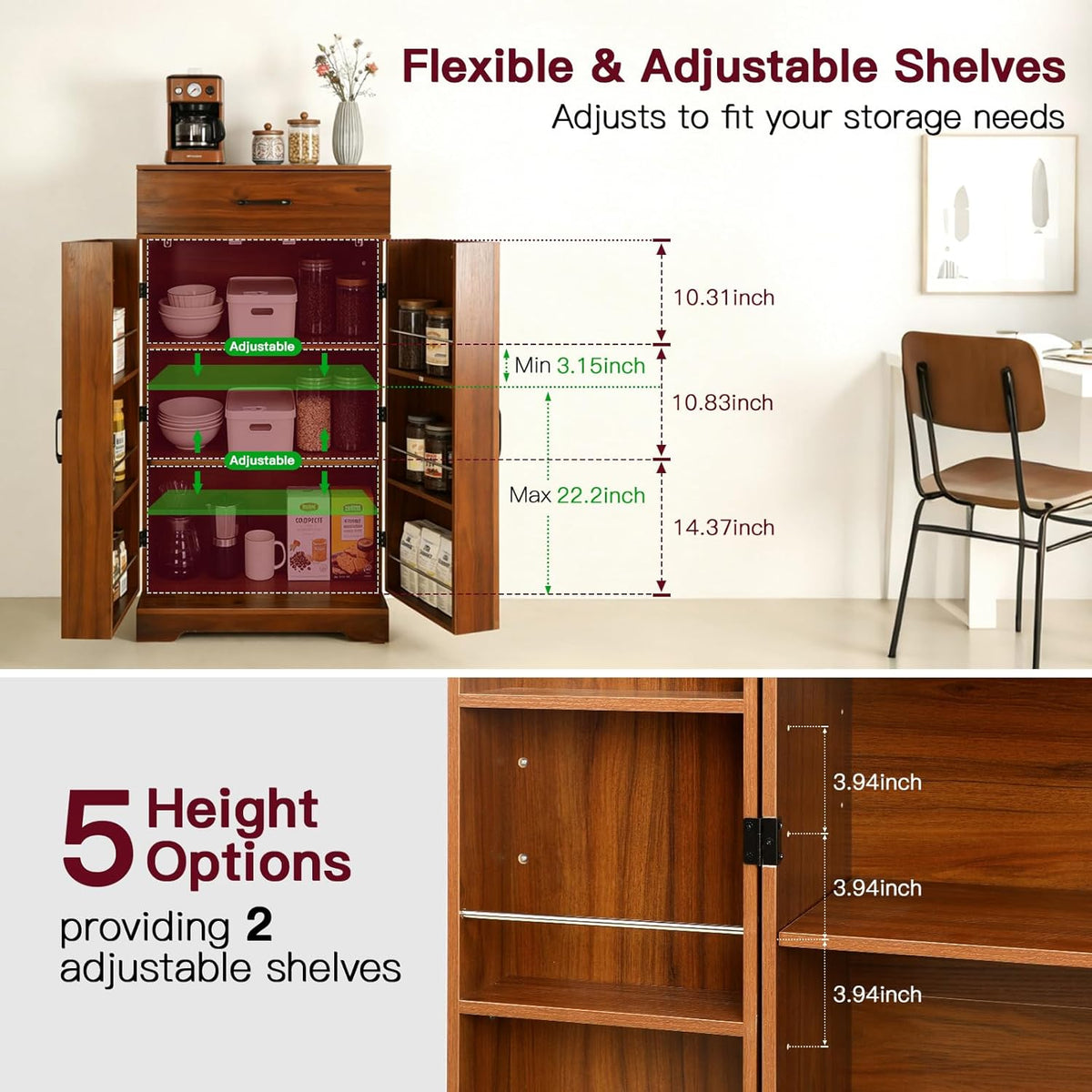 CypherX 47" Farmhouse Brown Kitchen Pantry Storage Cabinet for Dining Room | Rustic sideboard buffet cupboard; doors with shelves & smooth drawer; 47" tall pantry; 5-level adjustable storage shelves