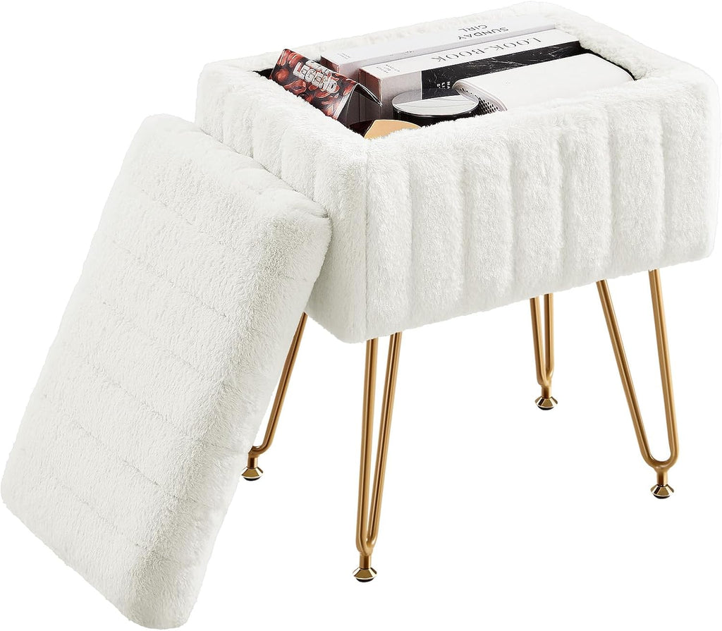 DUMOS Vanity Stool Chair Ottoman with Storage, Makeup Cute Soft Small Footstool Modern Style Faux Fur Seat with 4 Metal Legs & Adjustable Feet for Dressing Living Room Bedroom Dorm