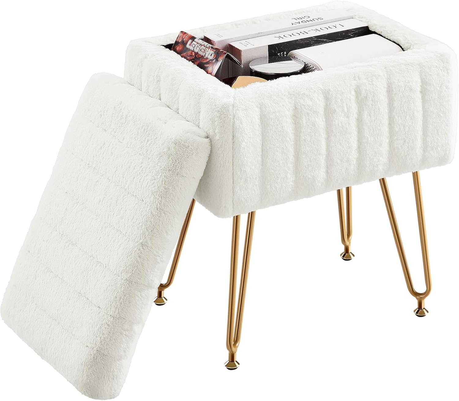 DUMOS Vanity Stool Chair Ottoman with Storage, Makeup Cute Soft Small Footstool Modern Style Faux Fur Seat with 4 Metal Legs & Adjustable Feet for Dressing Living Room Bedroom Dorm