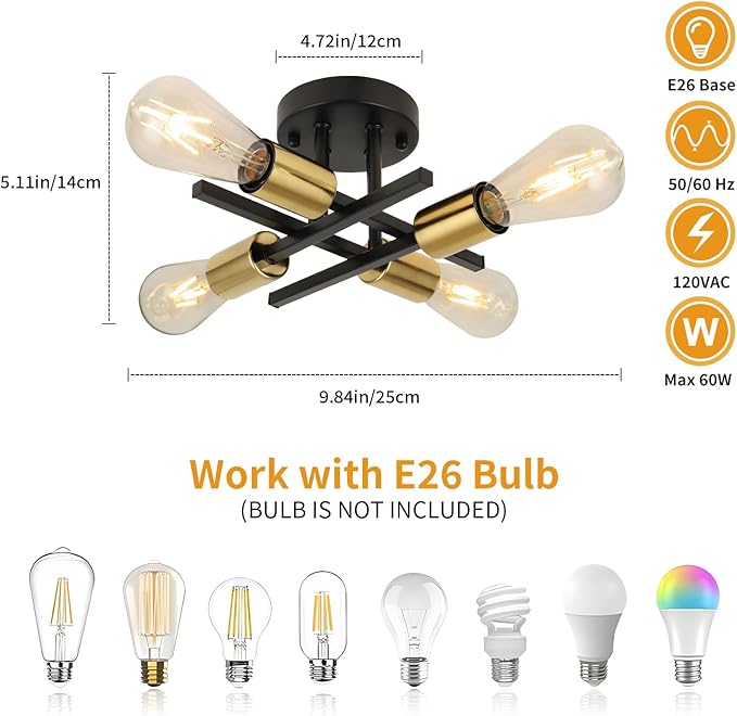 WILON Semi Flush Mount Ceiling Light Fixture, Modern Flush Mount Ceiling Lights, 4-Light Black and Gold Sputnik Ceiling Light Fixture with E26 Bulb Base for Hallway Farmhouse Kitchen Bedroom