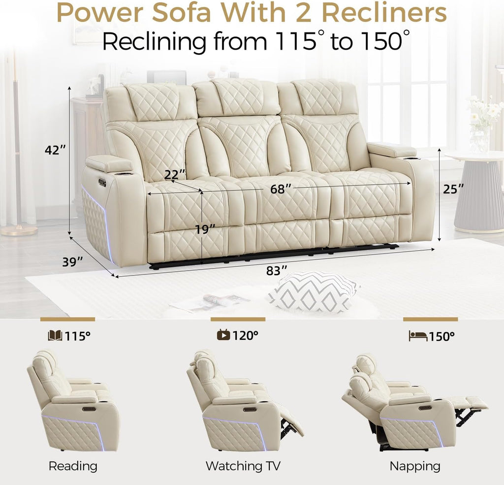 Power Recliner Sofa with Adjustable Headrest, Wireless Charger for Living Room, Electric Reclining Couch with LED Lights, Faux Leather 3 Seaters with Recliner,Home Theater Seating w/ LED Lights,Beige