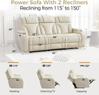 Power Recliner Sofa with Adjustable Headrest, Wireless Charger for Living Room, Electric Reclining Couch with LED Lights, Faux Leather 3 Seaters with Recliner,Home Theater Seating w/ LED Lights,Beige