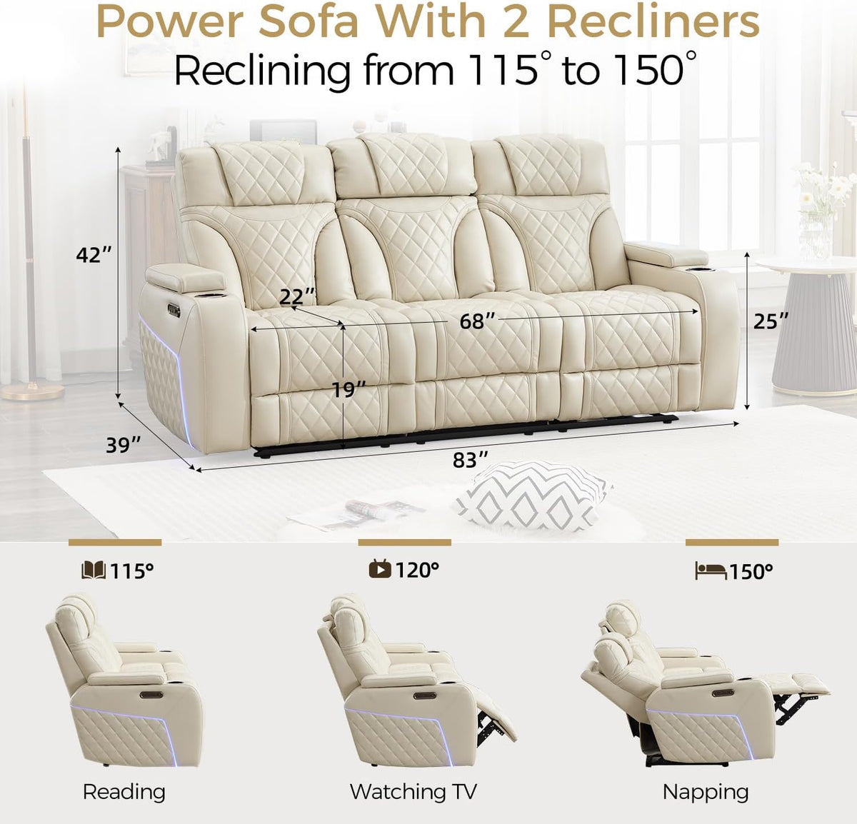 Power Recliner Sofa with Adjustable Headrest, Wireless Charger for Living Room, Electric Reclining Couch with LED Lights, Faux Leather 3 Seaters with Recliner,Home Theater Seating w/ LED Lights,Beige