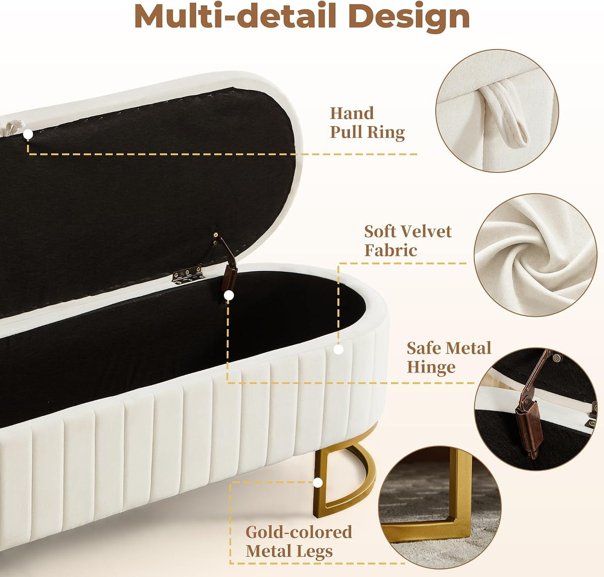 Storage Ottoman Bench, 63" Velvet End of Bed Bench Bedroom Bench King Size with Golden Metal Legs, Upholstered Storage Bench for Bedroom Living Room Entryway and Window, Beige