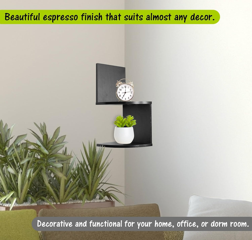 Corner Shelf, Greenco Modern Design 2 Tier Floating Shelves for Walls, Easy-to-Assemble Corner Shelf Wall Mount for Bedrooms and Living Rooms, Espresso Finish
