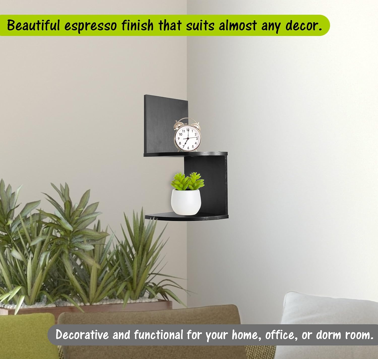 Corner Shelf, Greenco Modern Design 2 Tier Floating Shelves for Walls, Easy-to-Assemble Corner Shelf Wall Mount for Bedrooms and Living Rooms, Espresso Finish