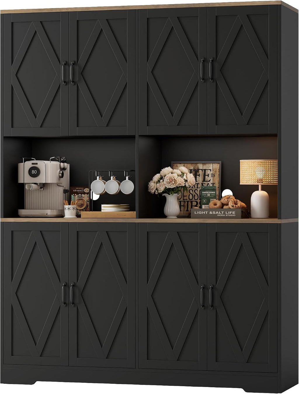 HOSTACK 55" W Pantry Cabinet, 71" Tall Kitchen Hutch Storage Cabinet, Black | Farmhouse Hutch Cabinet with 2 Independant Countertops, 4 Large Storage Cabinets with Shelves / Accent Doors for Dining Room