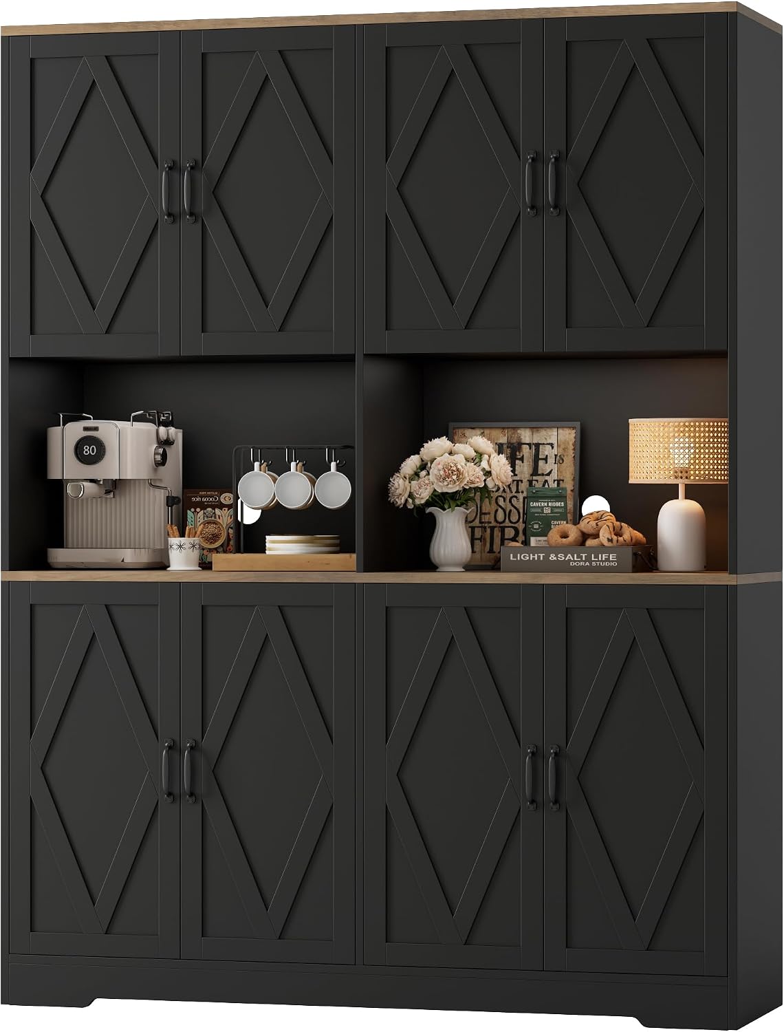 HOSTACK 55" W Pantry Cabinet, 71" Tall Kitchen Hutch Storage Cabinet, Black | Farmhouse Hutch Cabinet with 2 Independant Countertops, 4 Large Storage Cabinets with Shelves / Accent Doors for Dining Room