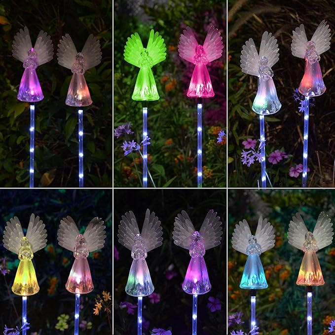 2 Pack Outdoor Solar Angel Statues for Christmas Garden Cemetery Decorative Light, Stakes Multi-Color Changing LED Waterproof Lawn Decor for Patio Cemetery Grave Gravesites, Memorial Gift
