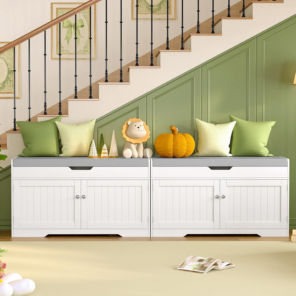 TEENFON 2-Tier Storage Bench, Shoe Bench with Adjustable Shelf & Lift Top Storage, Entryway Bench with Cushioned Seat,13.8"D x 36.2"W x 19.7"H, Shoe Organizer for Entryway, Living Room, Bedroom, White