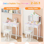 JOYMOR Luminous Unicorn Kids Vanity, 2-in-1 Toddler Vanity, w/Tri-Fold Mirror, 1 Drawer, Kids Vanity Table and Chair Set for Girls, Perfect Birthday