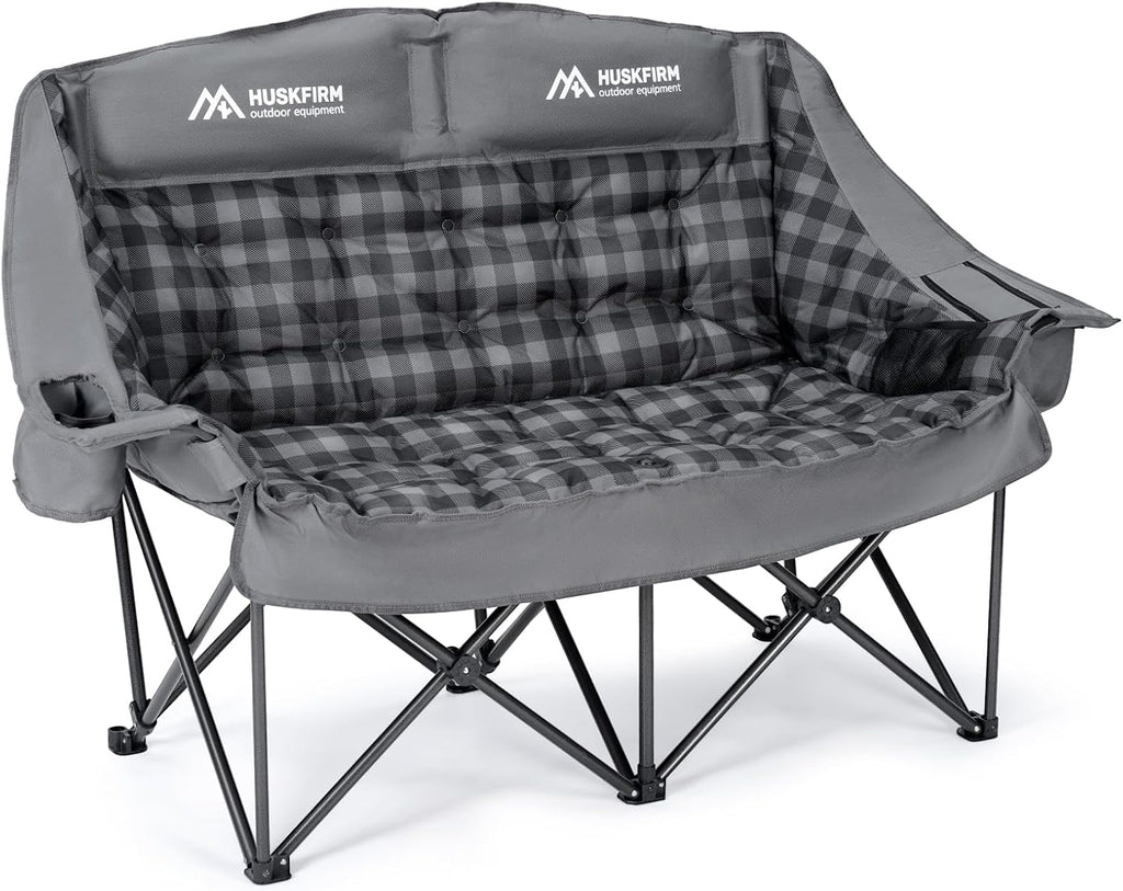 Huskfirm Padded Double Camping Chair High Back 2 Person Camping Chair Oversized Camping Loveseat Support 800LBS Heavy Duty Camping Couch with Cup Holders, Cooler, Carry Bag, Grey