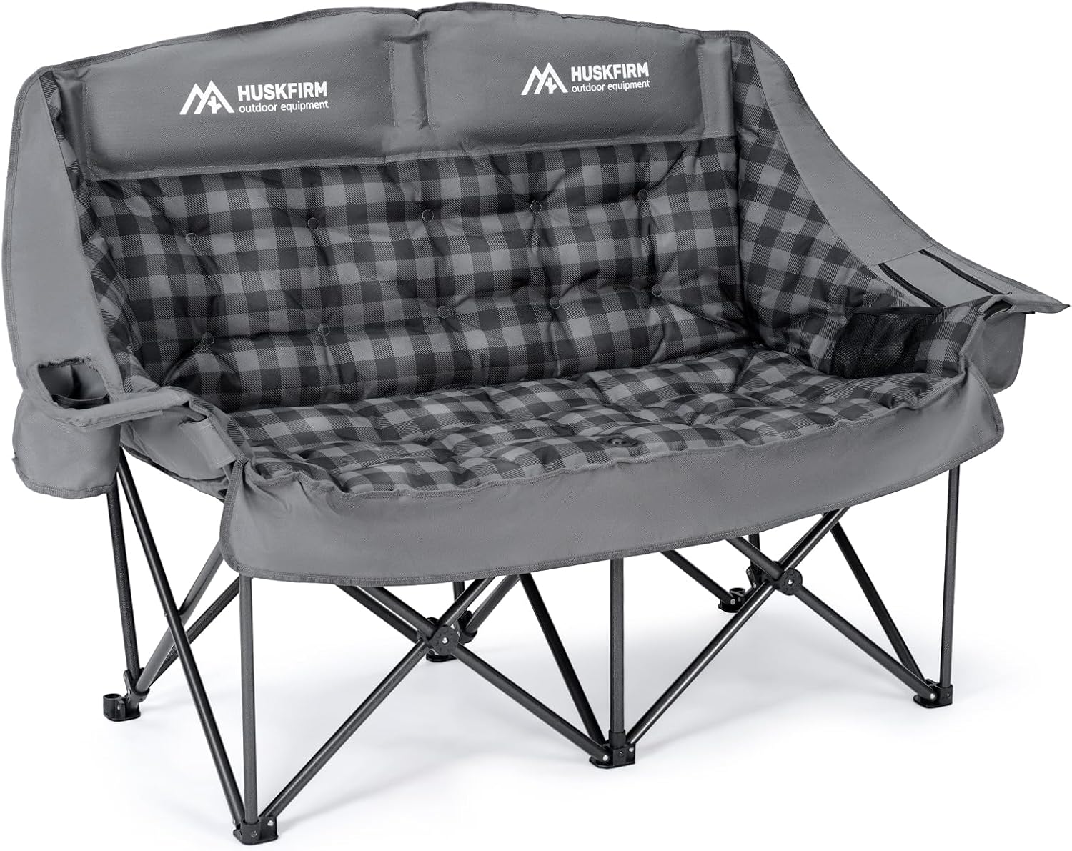 Huskfirm Padded Double Camping Chair High Back 2 Person Camping Chair Oversized Camping Loveseat Support 800LBS Heavy Duty Camping Couch with Cup Holders, Cooler, Carry Bag, Grey