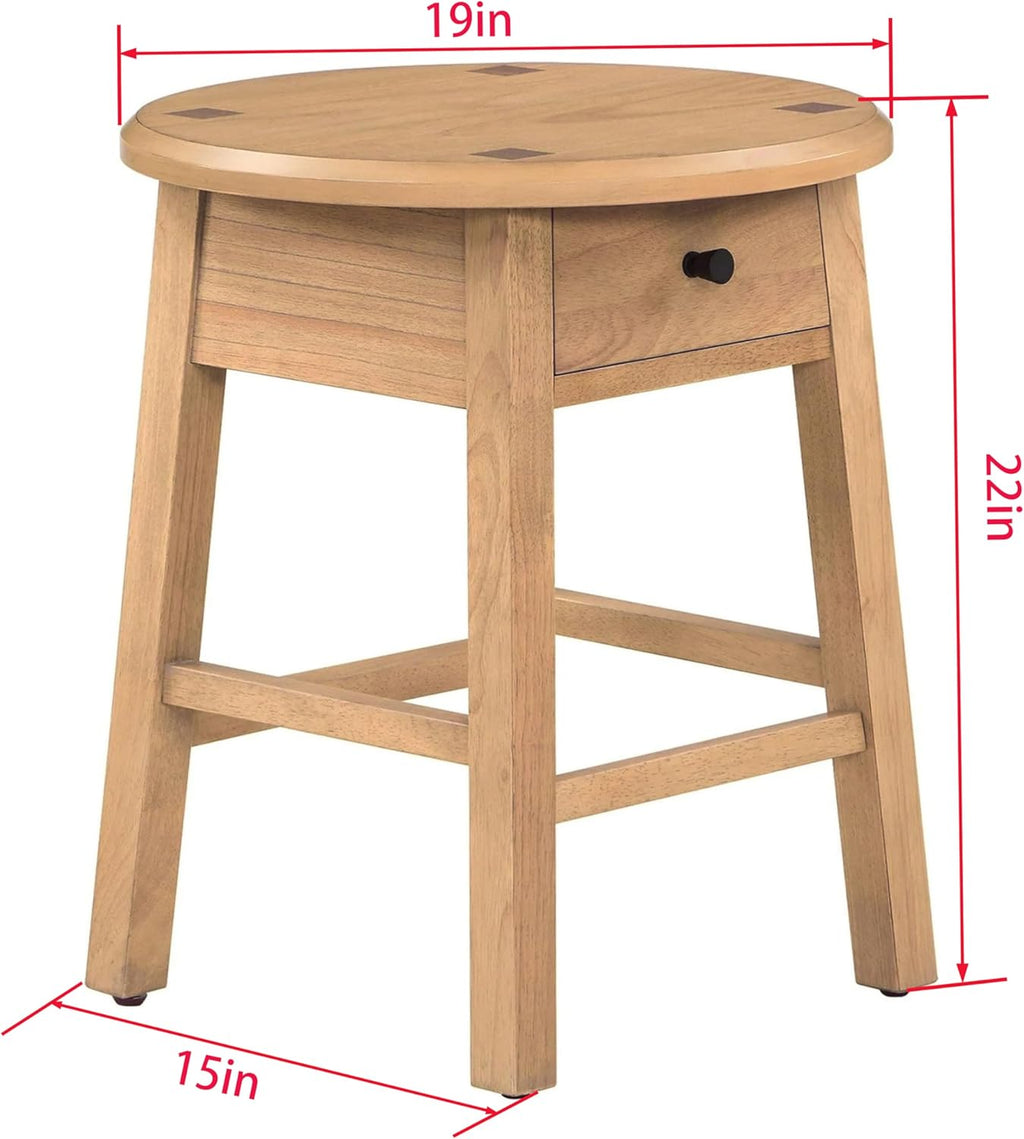 Solid Rubberwood Round Side Table with Drawer, Natural Oak Painted Finish Sofa End Table & Nightstand for Living Room, Bedroom