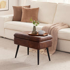 Square Storage Ottoman Upholstered Vanity Accent Stool Retro Brown | Square Mid-Century Modern Accent Dining Makeup Piano Stool with Padded Upholstered Seat & Metal Legs for Living Room Bathroom