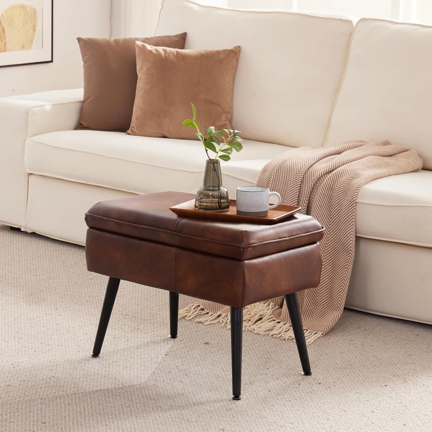 Square Storage Ottoman Upholstered Vanity Accent Stool Retro Brown | Square Mid-Century Modern Accent Dining Makeup Piano Stool with Padded Upholstered Seat & Metal Legs for Living Room Bathroom