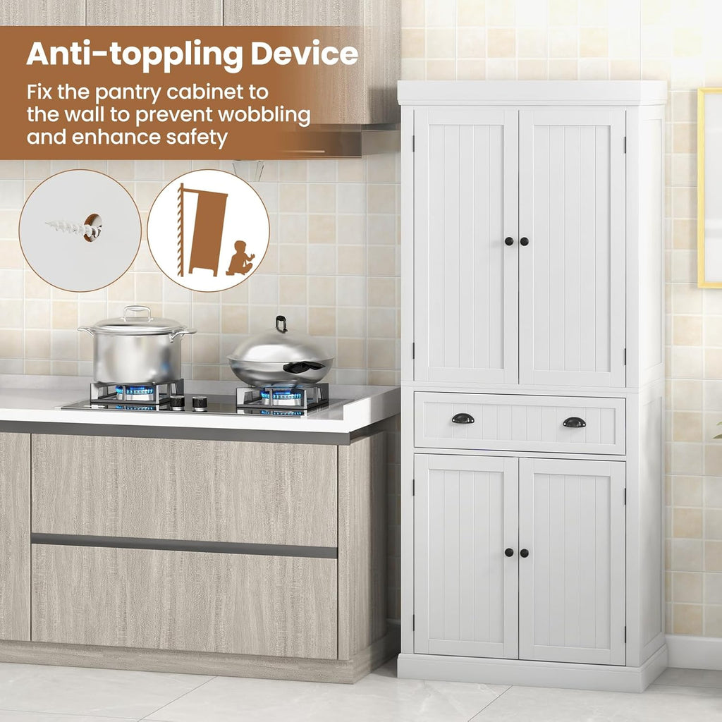 Giantex Pantry Organizers and Storage, 72" Tall Kitchen Cabinet with 2-Door Cabinets & Drawer, Buffet Sideboard w/Adjustable Shelves, Wooden Freestanding Cupboard for Dining Room Living Room (White)