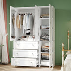 VOWNER 71" Armoire Wardrobe Closet with 3 Drawers and Mirror | Clothing Storage Cabinet with Hanging Rod, 4 Doors Wooden Wardrobe Cabinet for Bedroom, Large Capacity Storage
