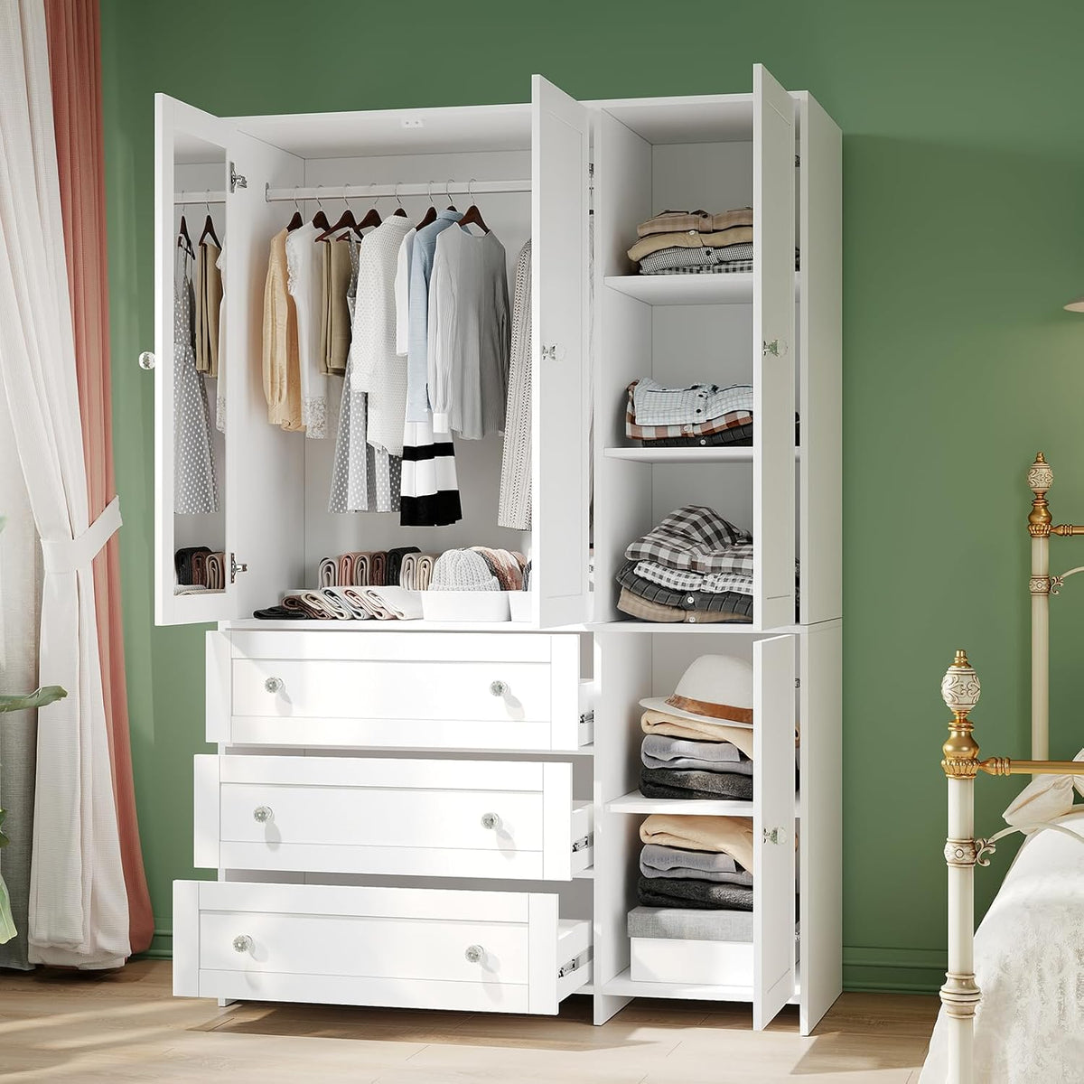 VOWNER 71" Armoire Wardrobe Closet with 3 Drawers and Mirror | Clothing Storage Cabinet with Hanging Rod, 4 Doors Wooden Wardrobe Cabinet for Bedroom, Large Capacity Storage
