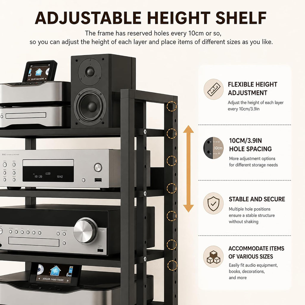 5 Tier Av Media Stand with Wheels, 39in Adjustable Audio Rack | Modern Stereo Cabinet Receiver Console Shelf, Audio Component Rack for Home/Office/Theater, Black