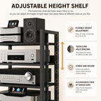 5 Tier Av Media Stand with Wheels, 39in Adjustable Audio Rack | Modern Stereo Cabinet Receiver Console Shelf, Audio Component Rack for Home/Office/Theater, Black