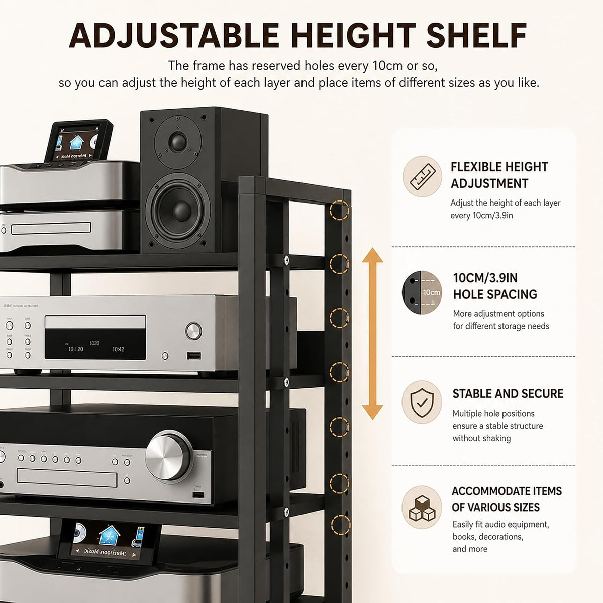5 Tier Av Media Stand with Wheels, 39in Adjustable Audio Rack | Modern Stereo Cabinet Receiver Console Shelf, Audio Component Rack for Home/Office/Theater, Black
