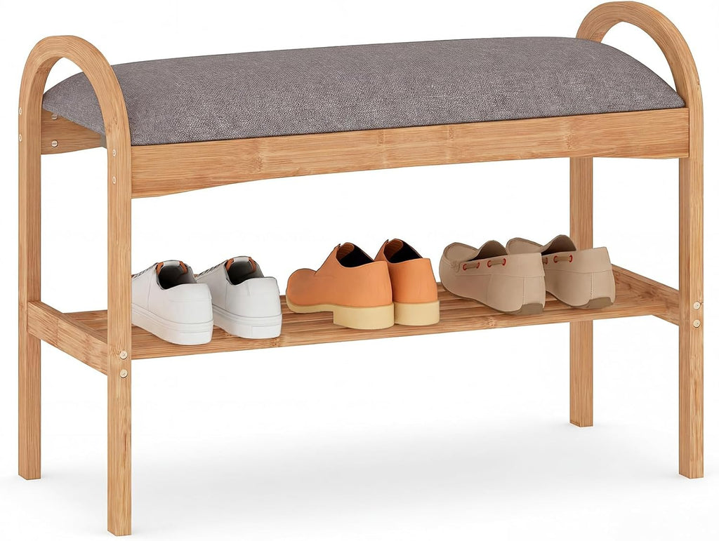 Giantex Shoe Rack Bench, Bamboo 2-Tier Entryway Bench with Padded Cushion, Shoe Storage Bench for Hallway, Closet, Foyer, Living Room, Bedroom, Mudroom