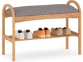 Giantex Shoe Rack Bench, Bamboo 2-Tier Entryway Bench with Padded Cushion, Shoe Storage Bench for Hallway, Closet, Foyer, Living Room, Bedroom, Mudroom
