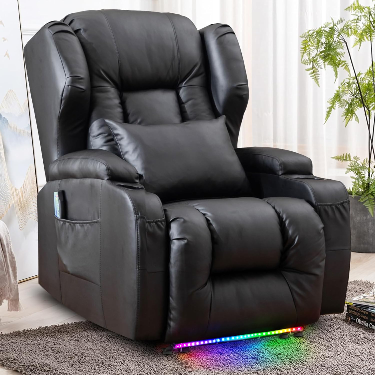 SAMERY Power Recliner Chair, Electric Wall Hugger Recliner Chair Reclining Sofa Home Theater Seating for Living Room with Massage & Heat, USB, LED Lights, Cup Holders, Side Pockets, Lumbar Pillow