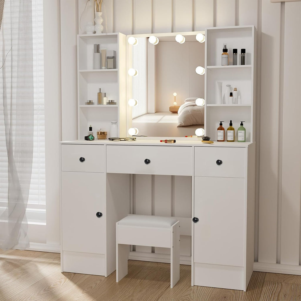 White Dressing Table with Mirror and Lights, Makeup Vanity Desk with 3 Drawers & 2 Large Cabinet, Large HD Mirror, 3 Color Modes & Adjustable Brightness, Modern