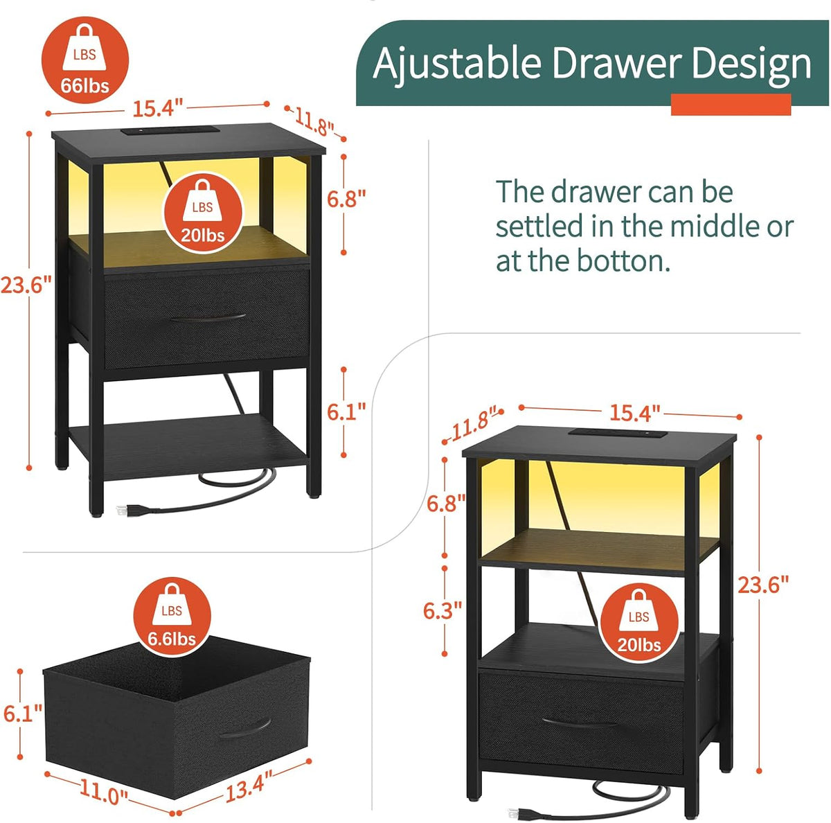 Yoobure Side Table with Storage, LED Night Stand with Charging Station, End Tables Living Room, Nightstand for Bedroom with Adjustable Fabric Drawer, 3-Tier Wood Bedside Table, Black