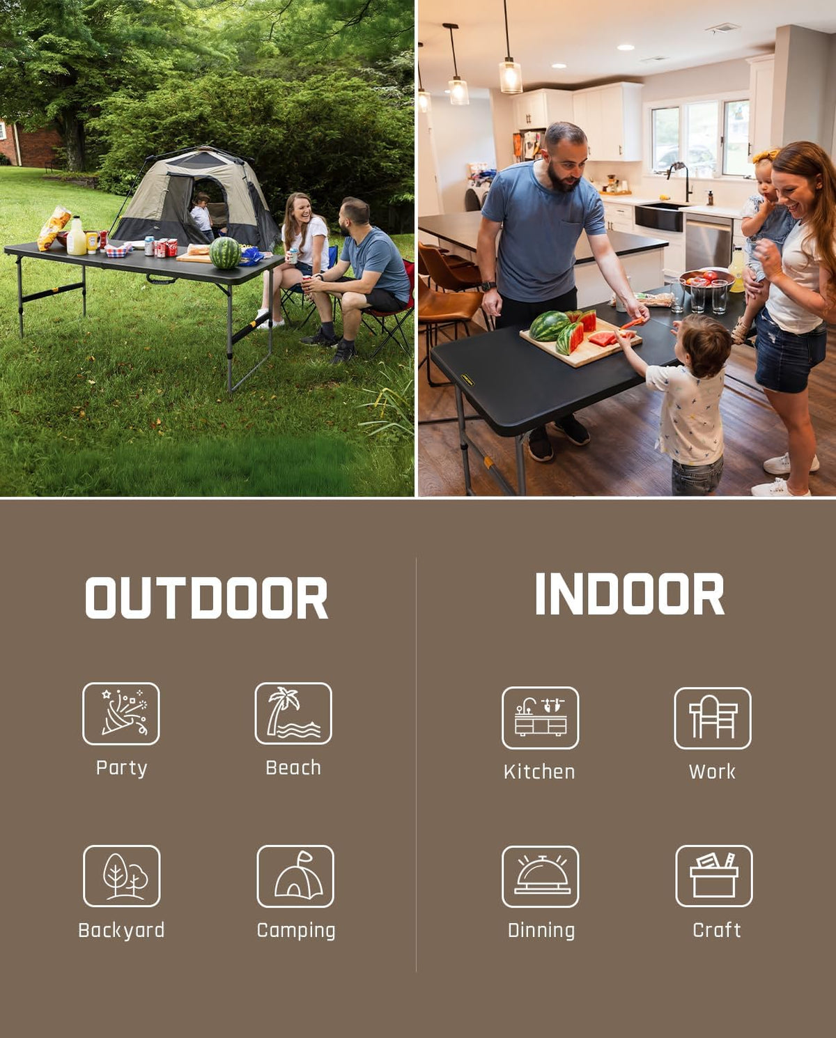FanttikOutdoor Folding Table 6ft Quick Adjust 3 Heights Picnic Party Dining | One-Handed Adjustable Height, Fixing Lock, Carry Handle Heavy Duty Portable Fold-in-Half, Indoor Outdoor Black Zeta X6 Pro