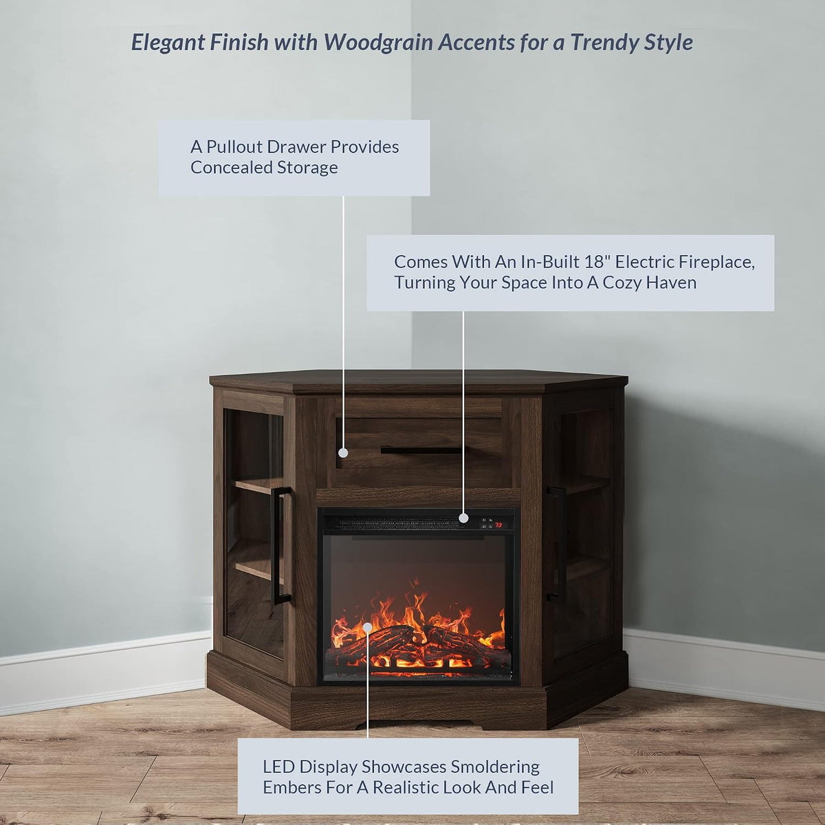 BELLEZE 43" Corner TV Stand with 18" Electric Fireplace Heater for TVs up to 43", Modern Corner Wood Entertainment Center with Glass Door Storage Cabinets - Dale (Dark Walnut)
